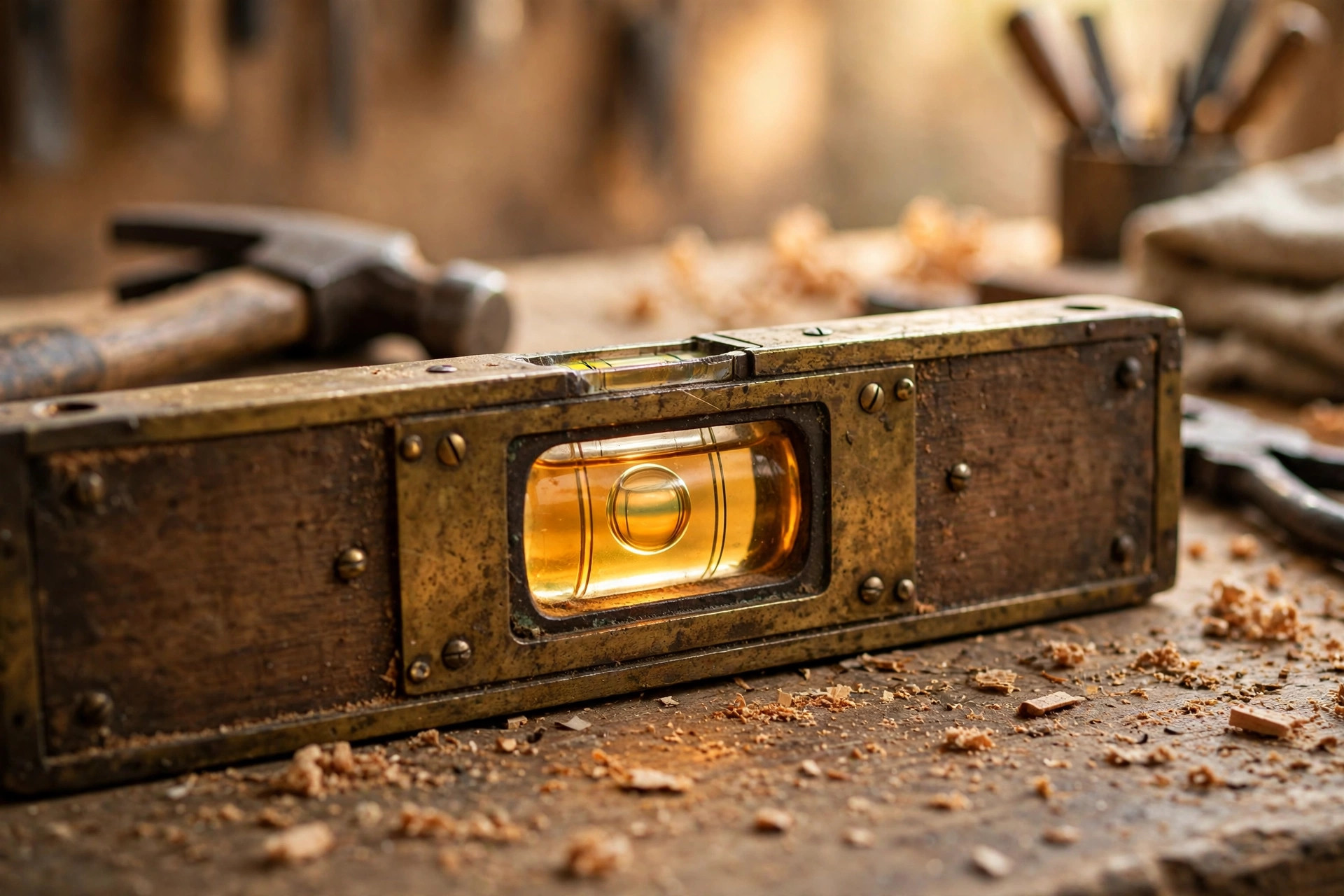A brass spirit level resting on a workbench