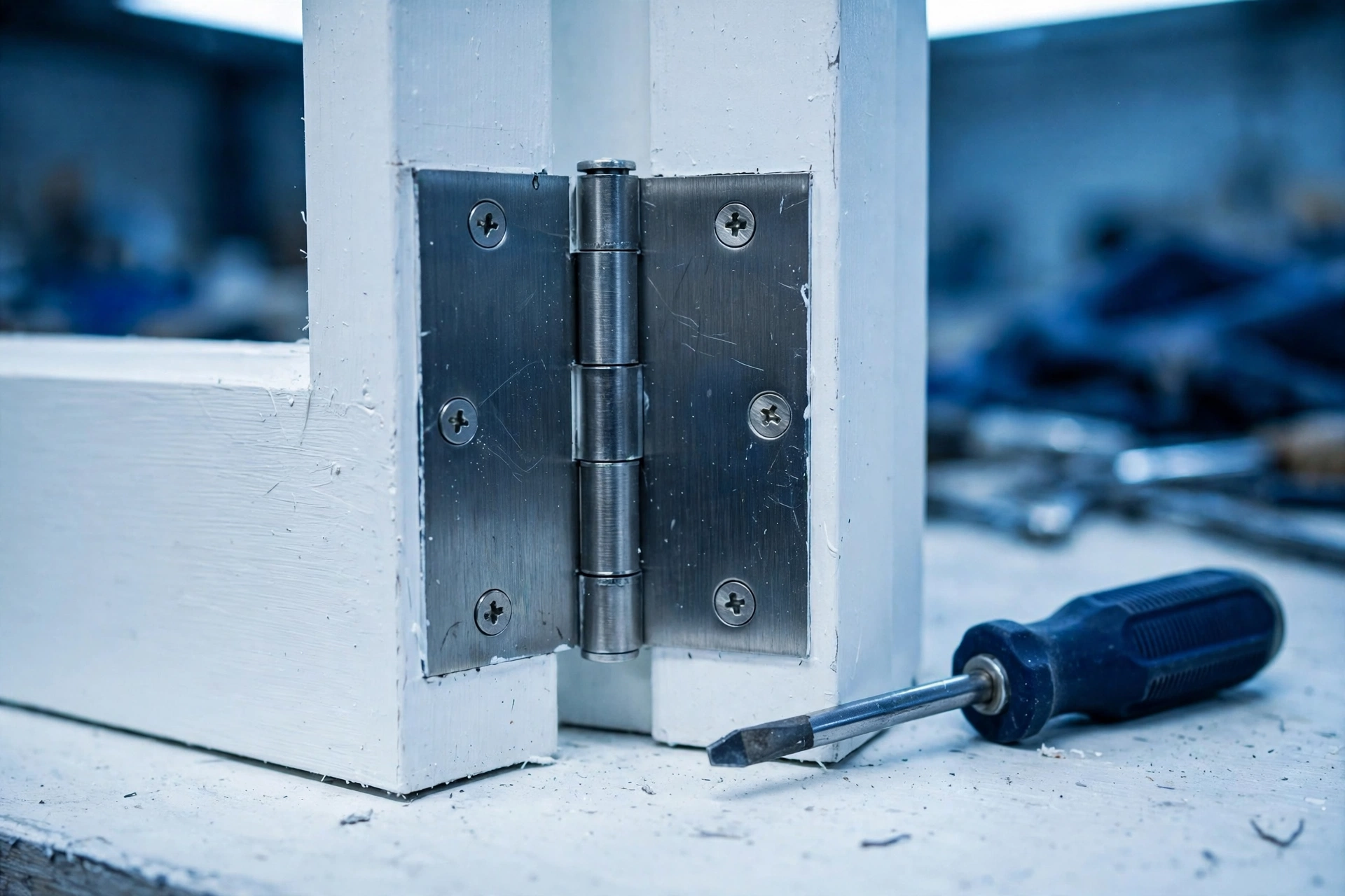 Steel door hinge with screwdriver, seated flush in the frame