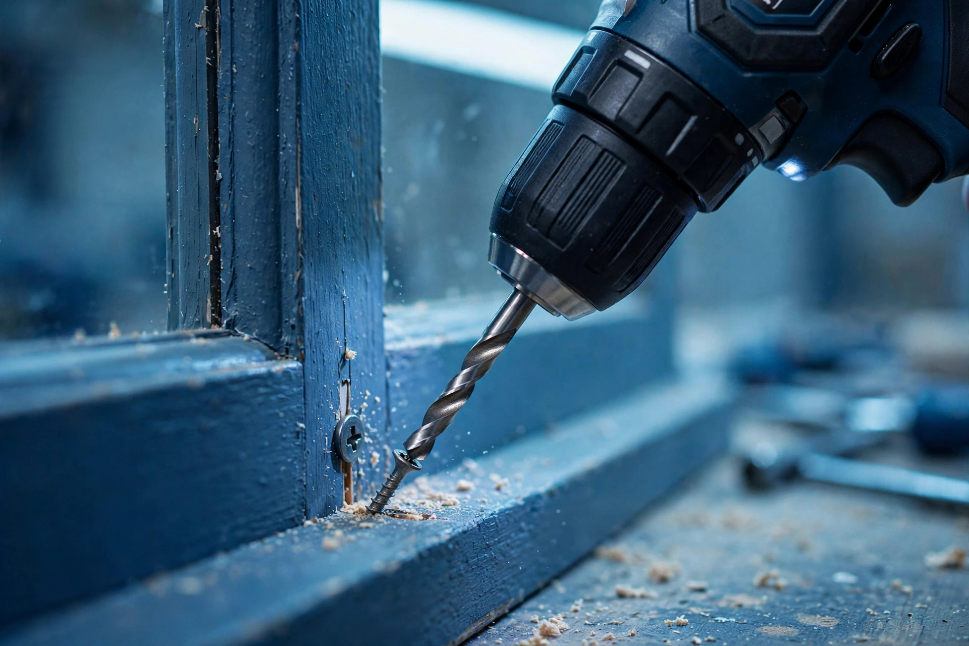 Cordless drill driving a screw into a painted door frame, close-up