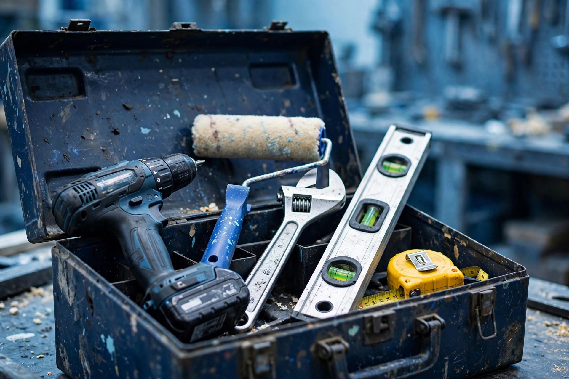 A loaded handyman's toolbox with drill, paint roller, wrenches and level in cool workshop light