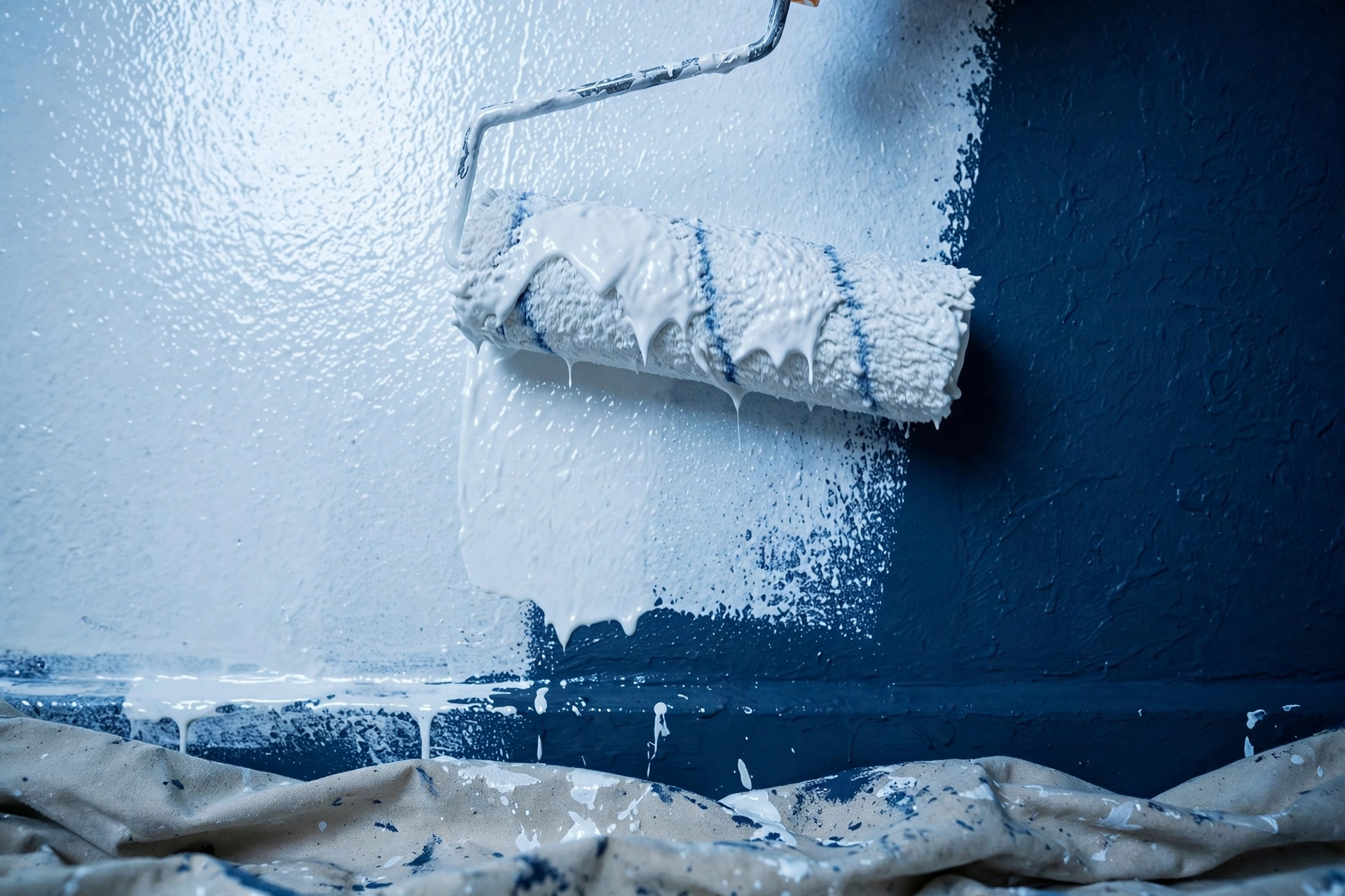 Paint roller mid-stroke rolling fresh paint onto an interior wall