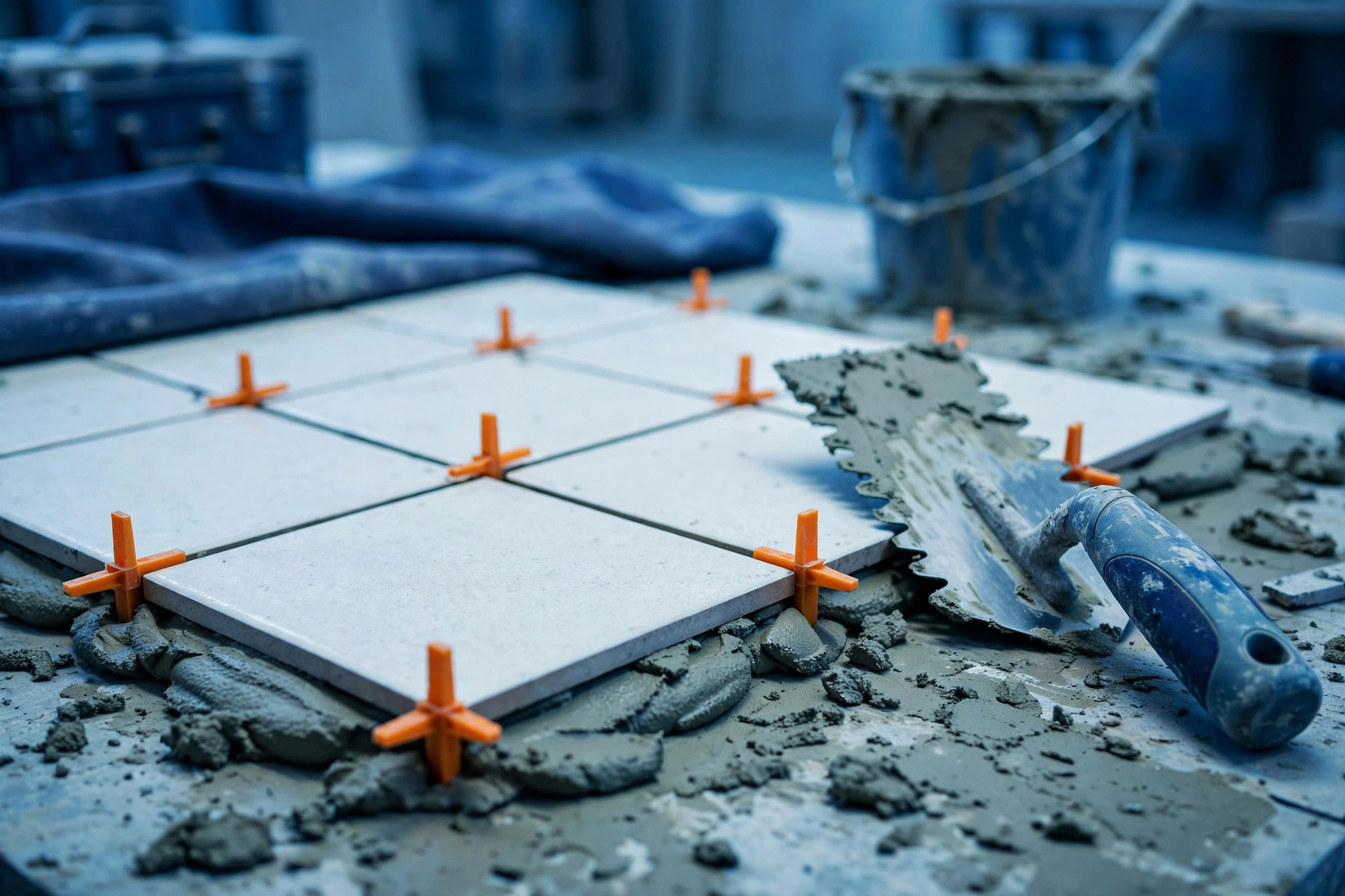Ceramic tiles being set into fresh mortar with orange spacers